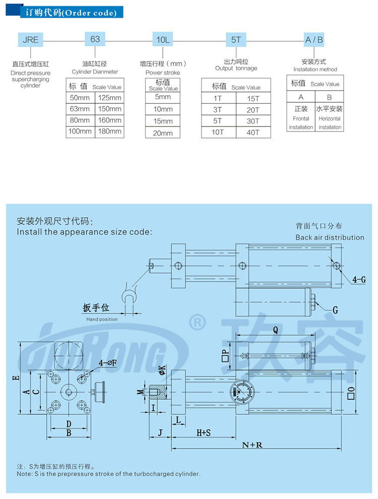 直压式气液增压缸订购代码及安装尺寸说明