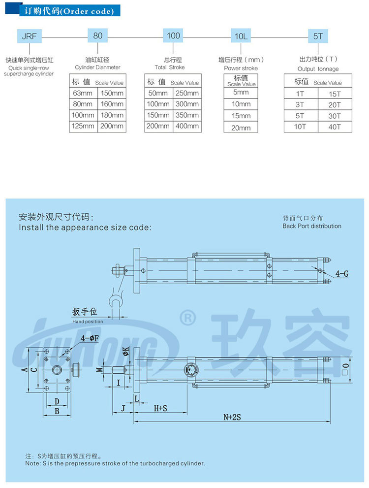 快速单列式气液增压缸订购及尺寸代码说明