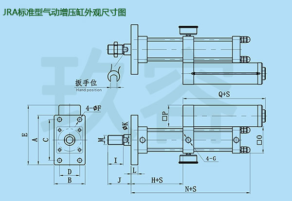 JRA标准型气动增压缸外观尺寸图