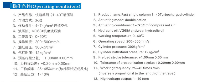 快速单列式气液增压缸操作条件